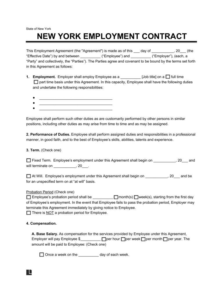 Free New York Employment Contract Templates PDF Word