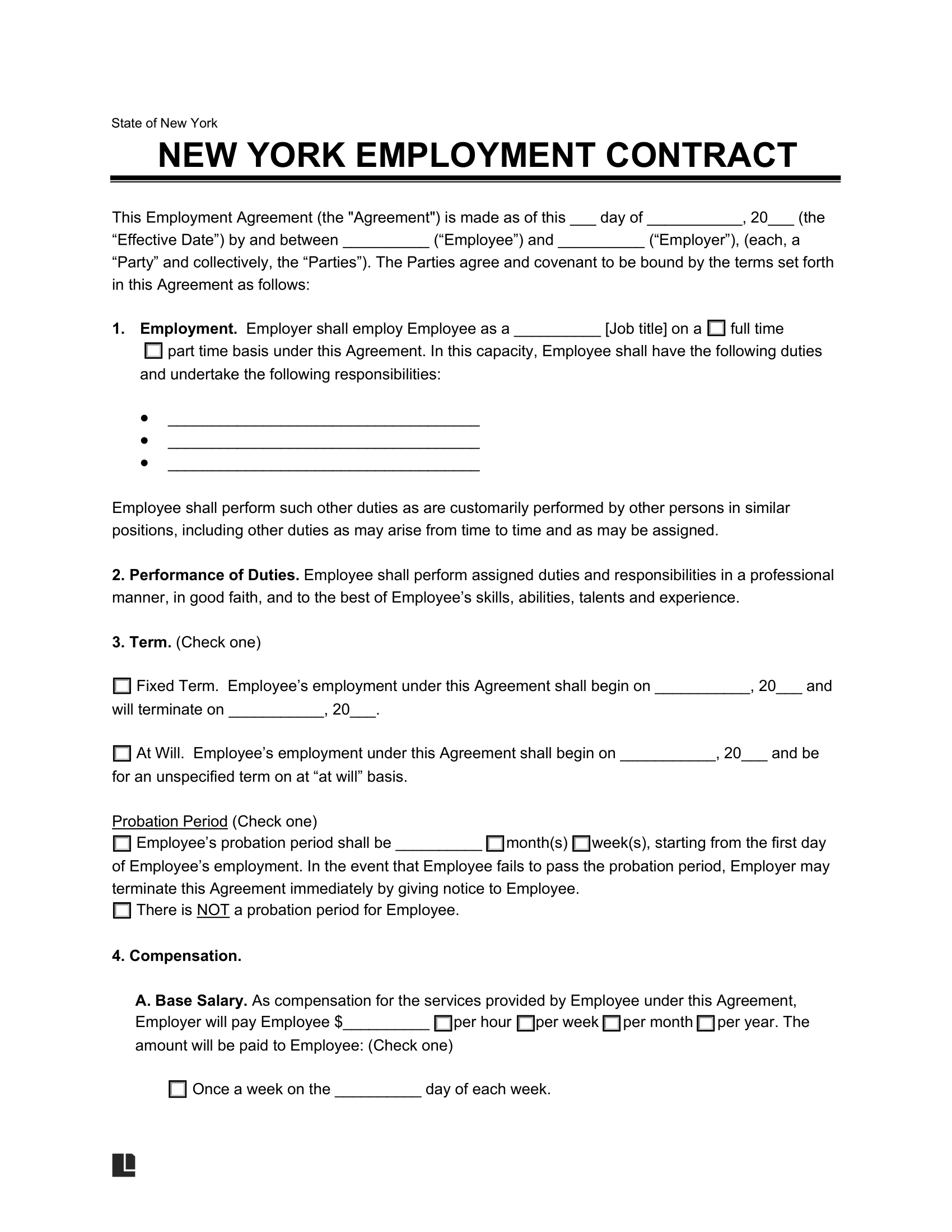 Free New York Employment Contract Templates PDF Word