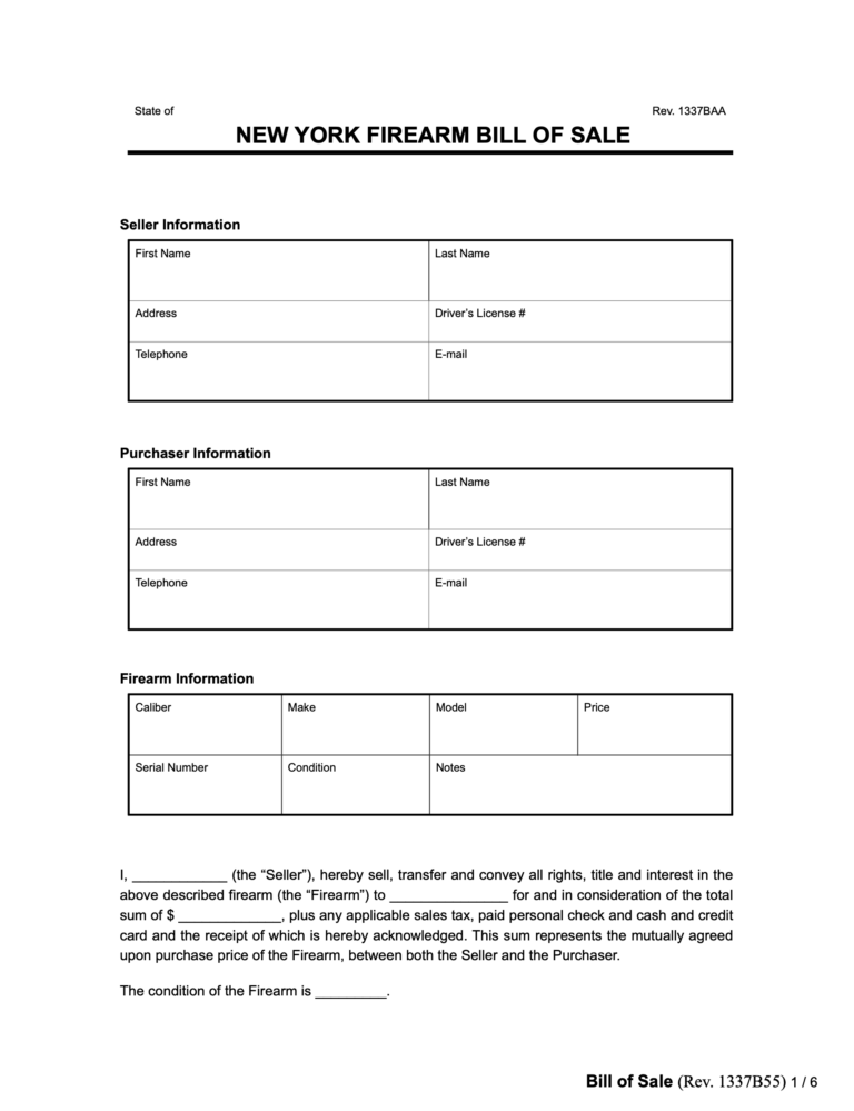 Free New York Firearm Bill Of Sale Form PDF Word