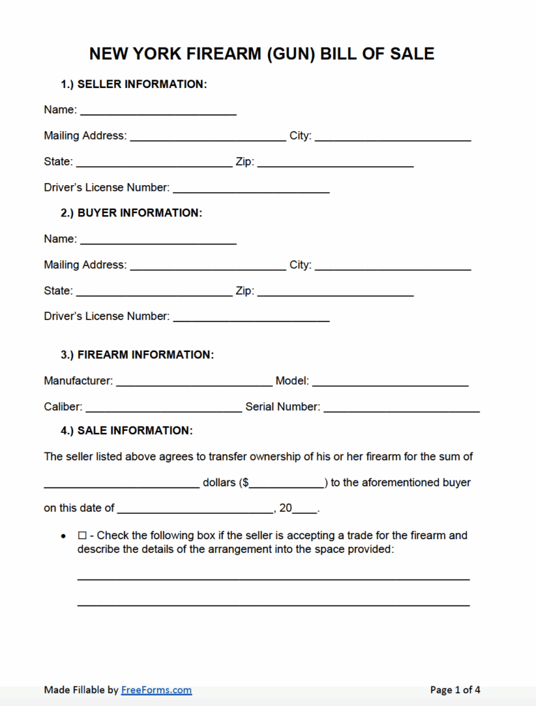 Free New York Firearm Gun Bill Of Sale Form PDF Word