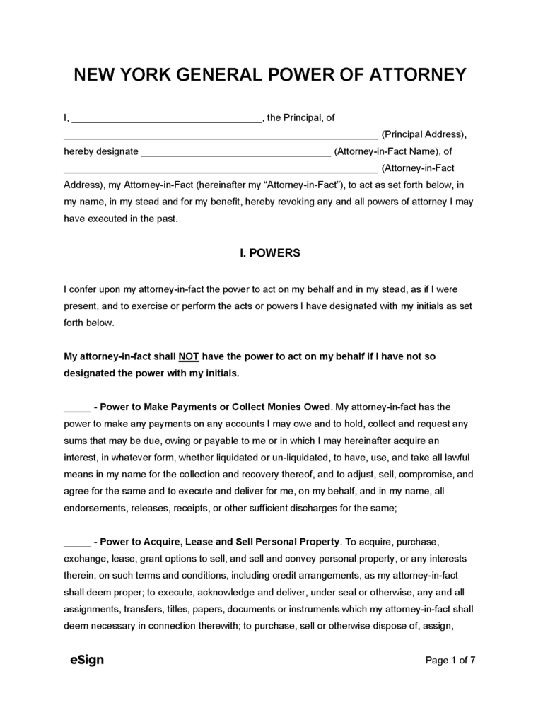 Free New York General Power Of Attorney Form PDF Word