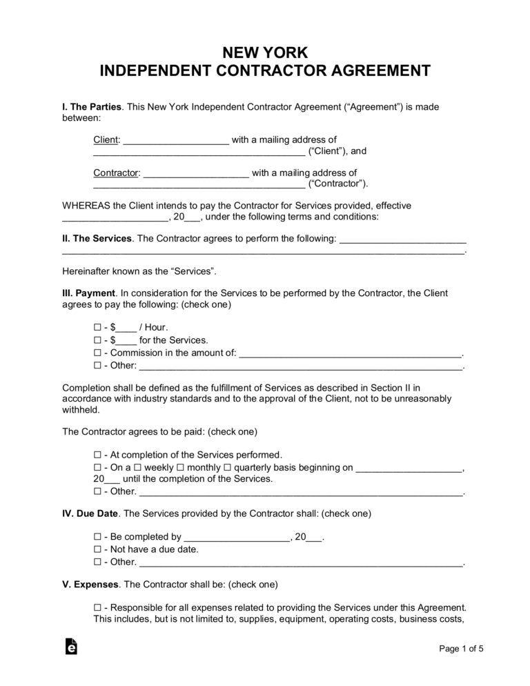 Free New York Independent Contractor Agreement Template PDF Word EForms