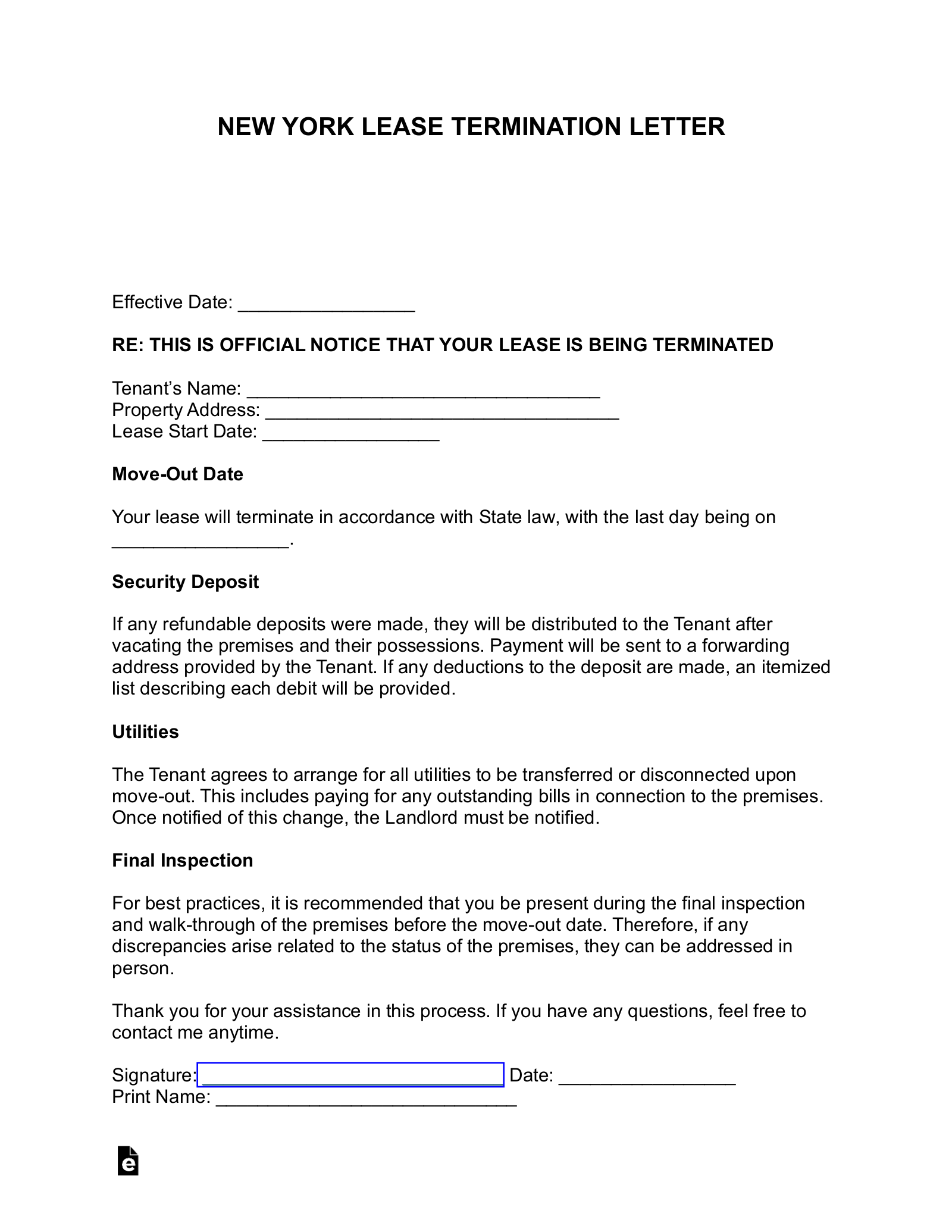 Free New York Lease Termination Letter Form PDF Word EForms