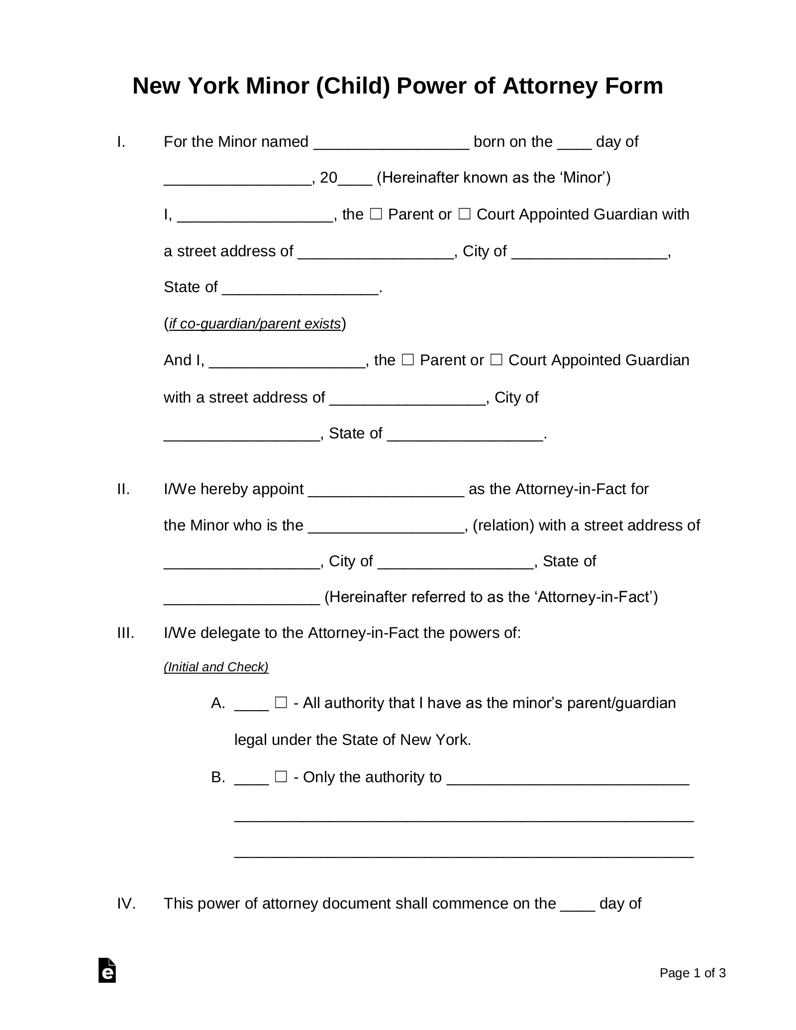 Free New York Minor Child Power Of Attorney Form PDF Word EForms