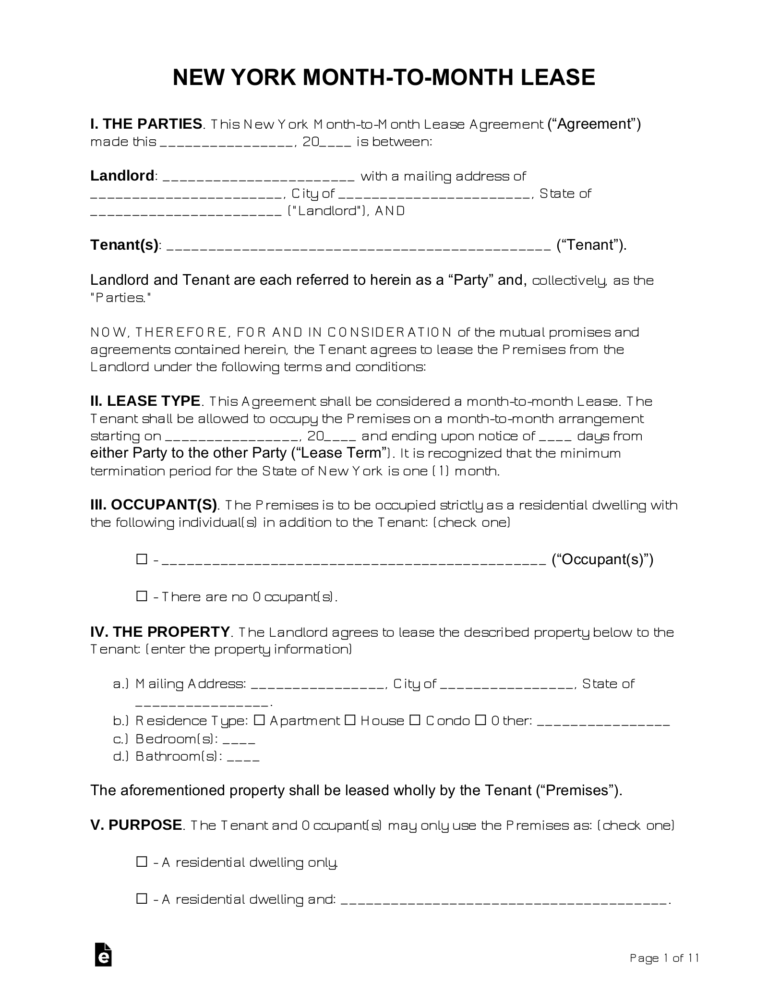 Free New York Month to Month Lease Agreement Template PDF Word EForms