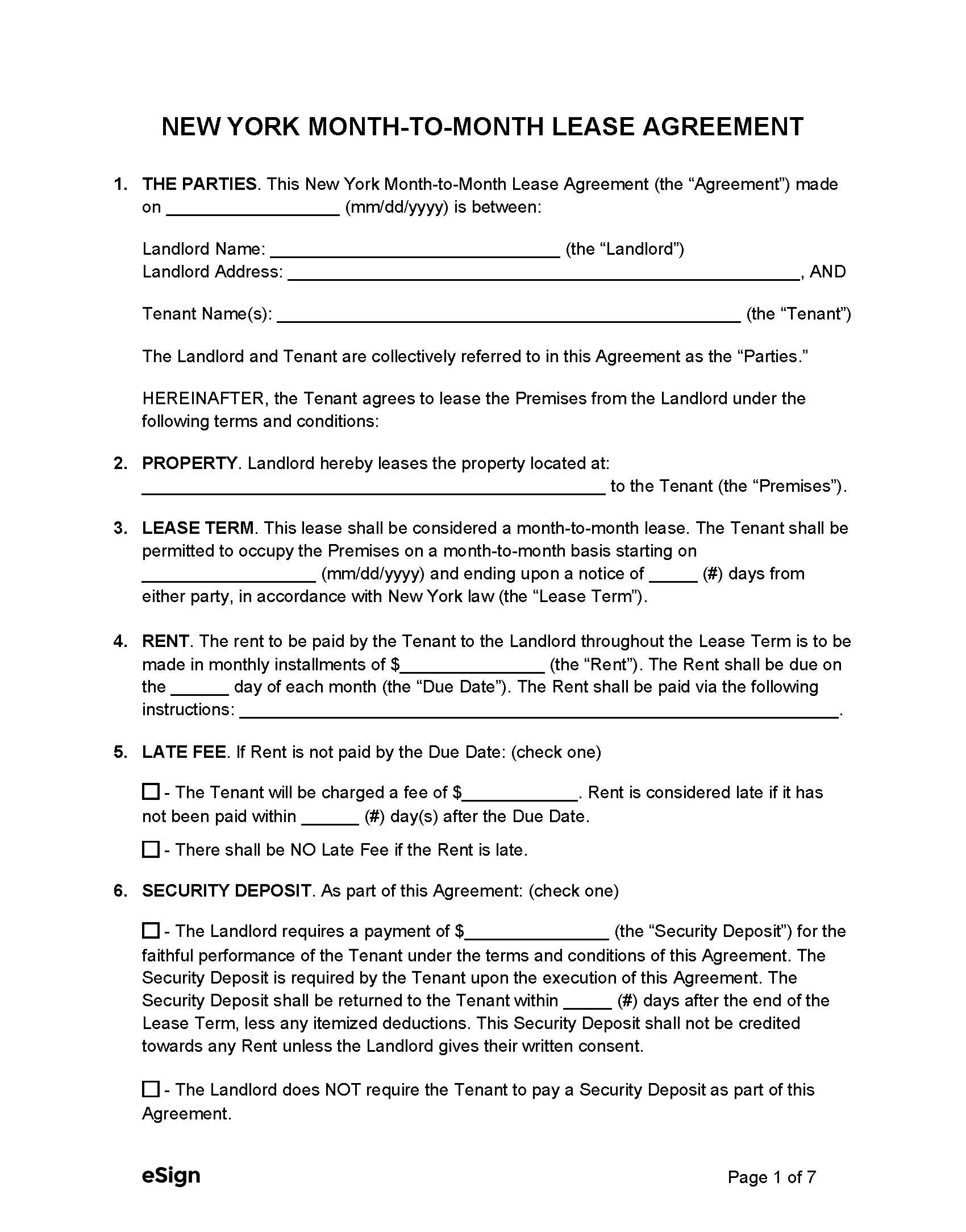 Free New York Month to Month Lease Agreement Template PDF Word