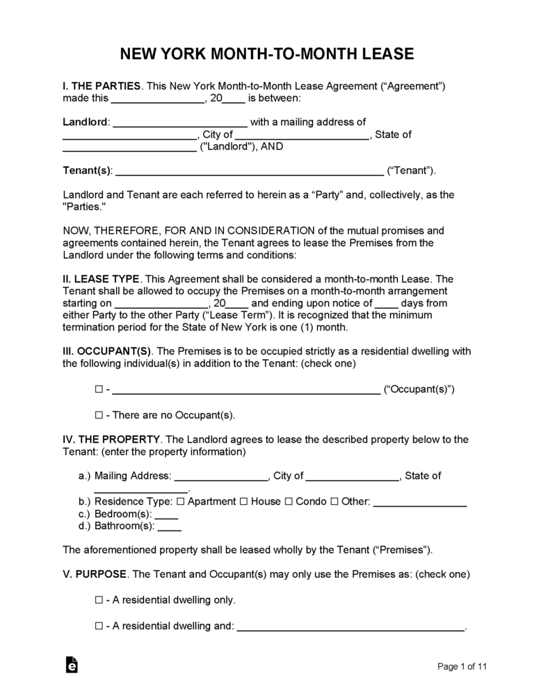 Free New York Month to Month Rental Agreement PDF WORD RTF