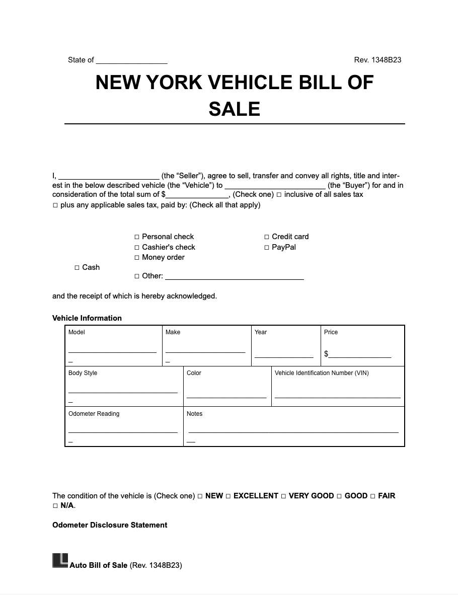 Free New York Motor Vehicle Bill Of Sale Form PDF Word