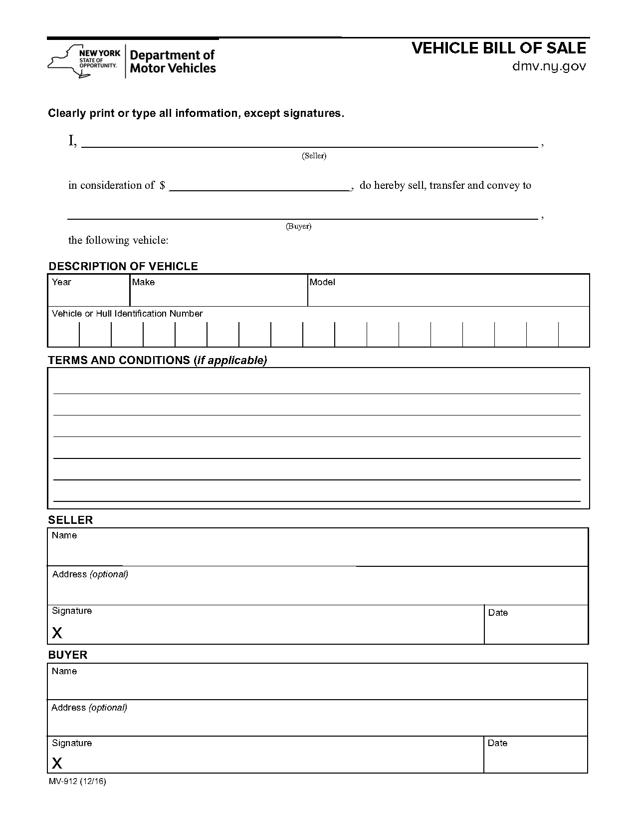 Free New York Motor Vehicle Bill Of Sale Form PDF