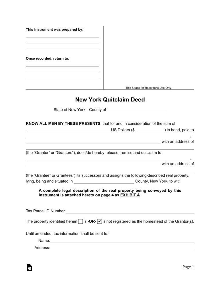 Free New York Quit Claim Deed Form PDF Word EForms