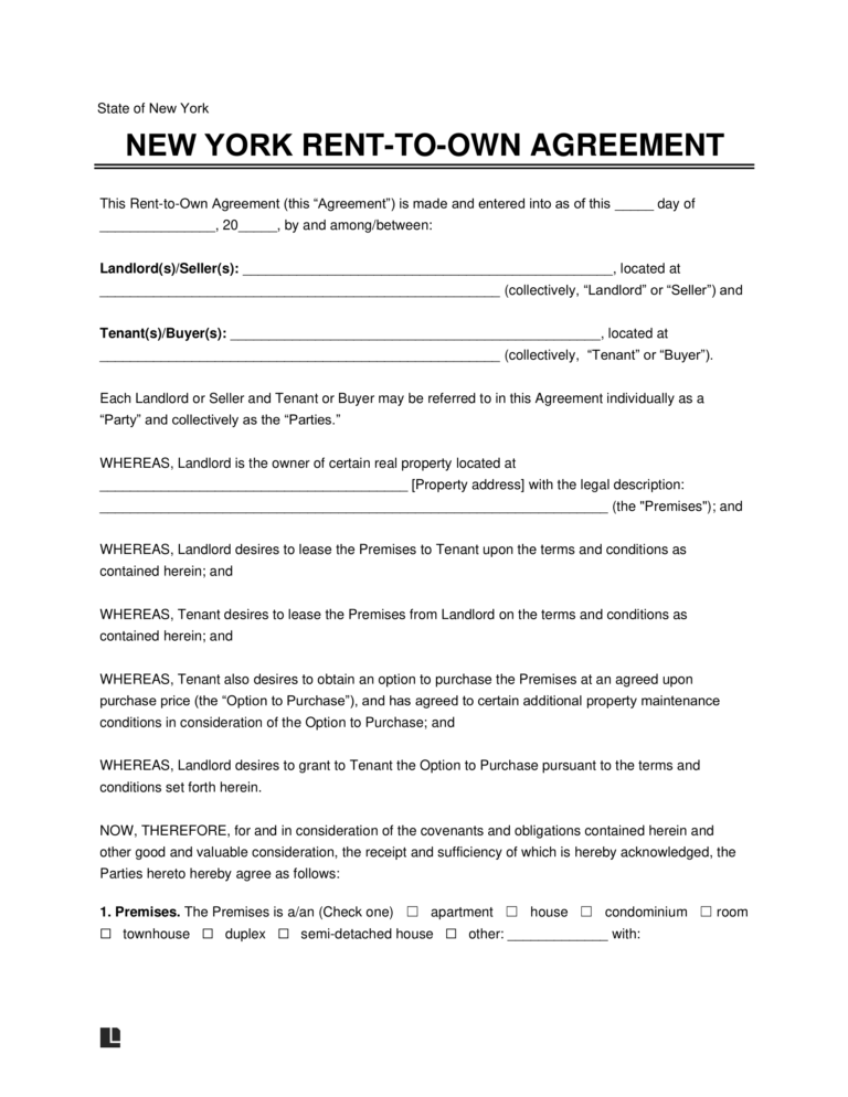 Free New York Rent to Own Lease Agreement Template PDF Word
