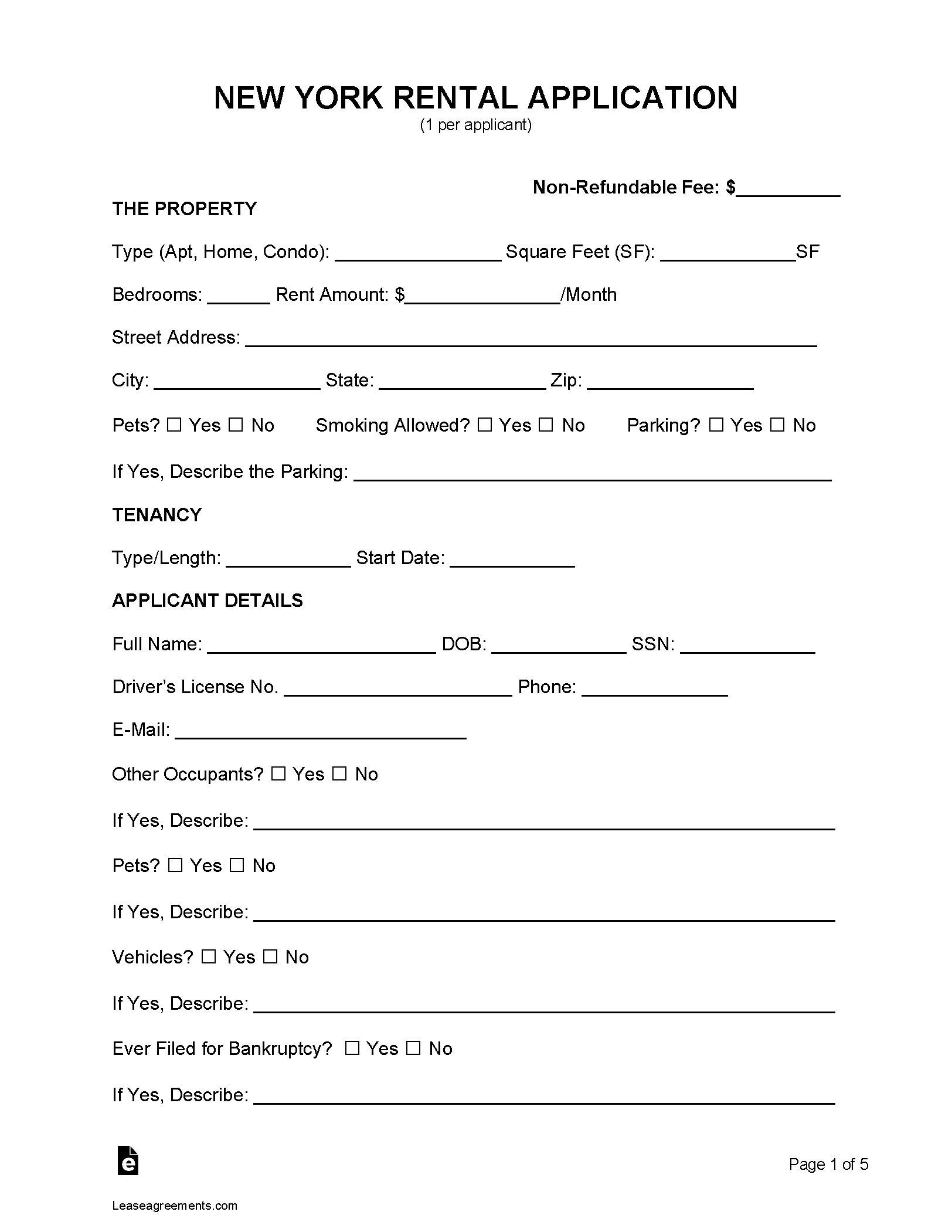 Free New York Rental Application Form PDF Free New York Rental Application Form PDF