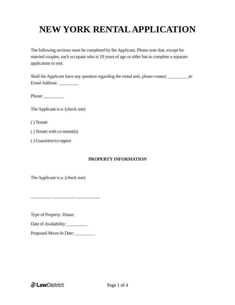 Free New York Rental Application Form Sample Template LawDistrict