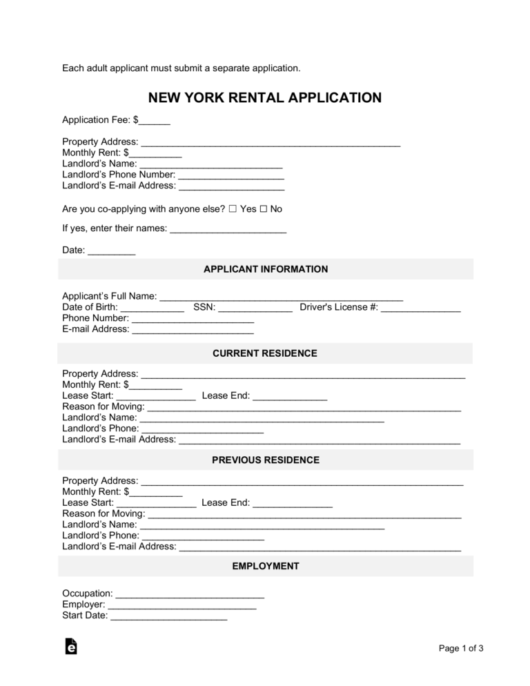Free New York Rental Application Template PDF Word EForms