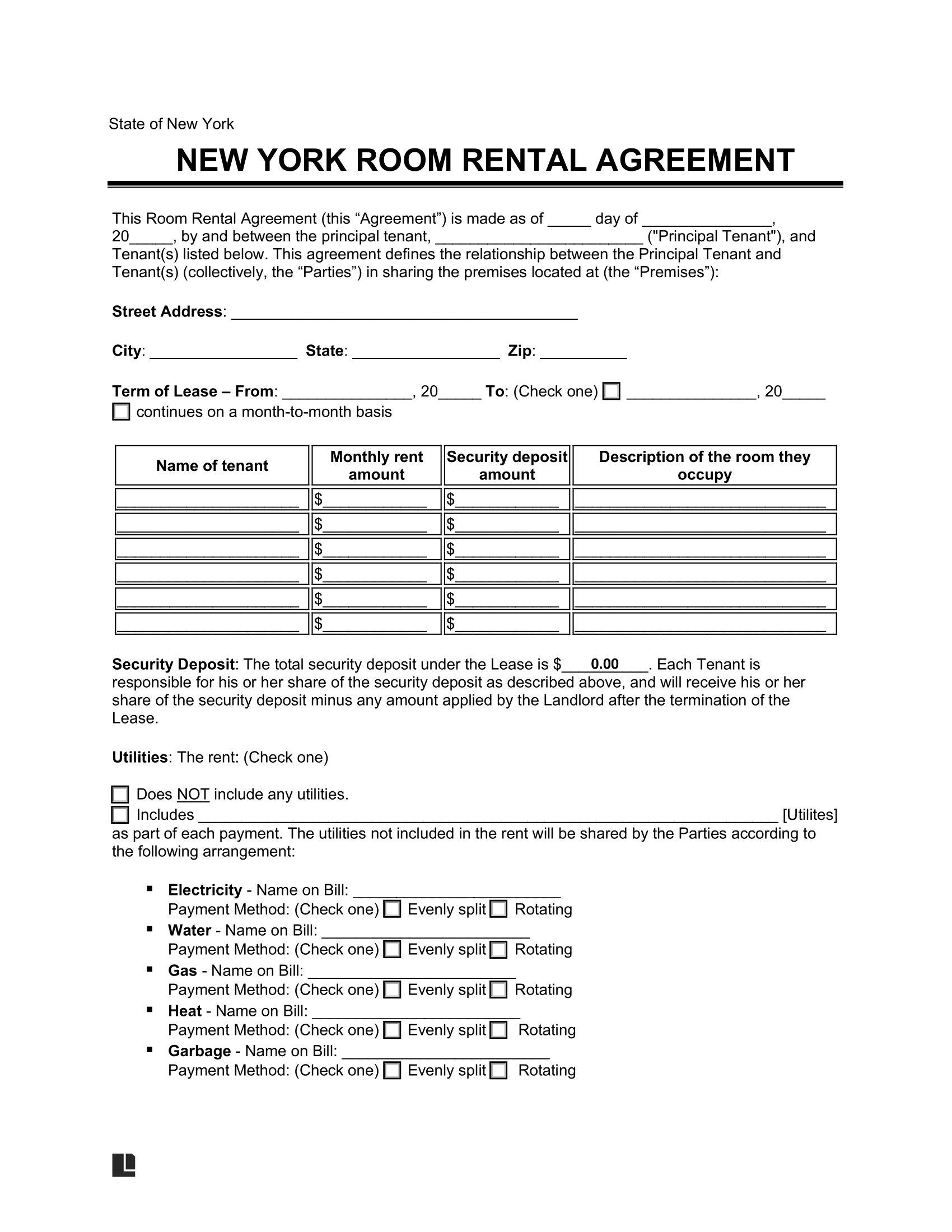 Free New York Room Rental Agreement Template PDF Word