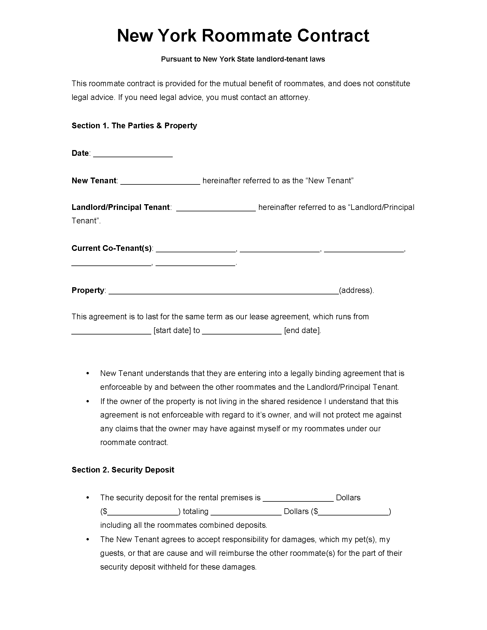 Free New York Roommate Agreement Template PDF WORD RTF