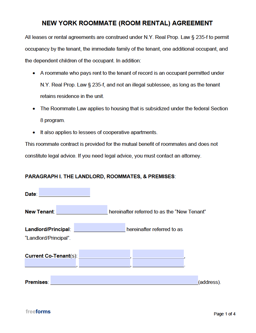Free New York Roommate Room Rental Agreement Template PDF Word
