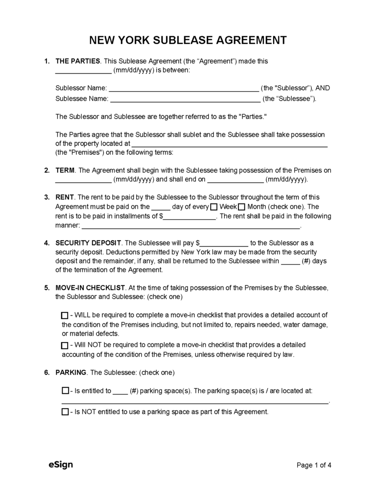 Free New York Sublease Agreement Template PDF Word