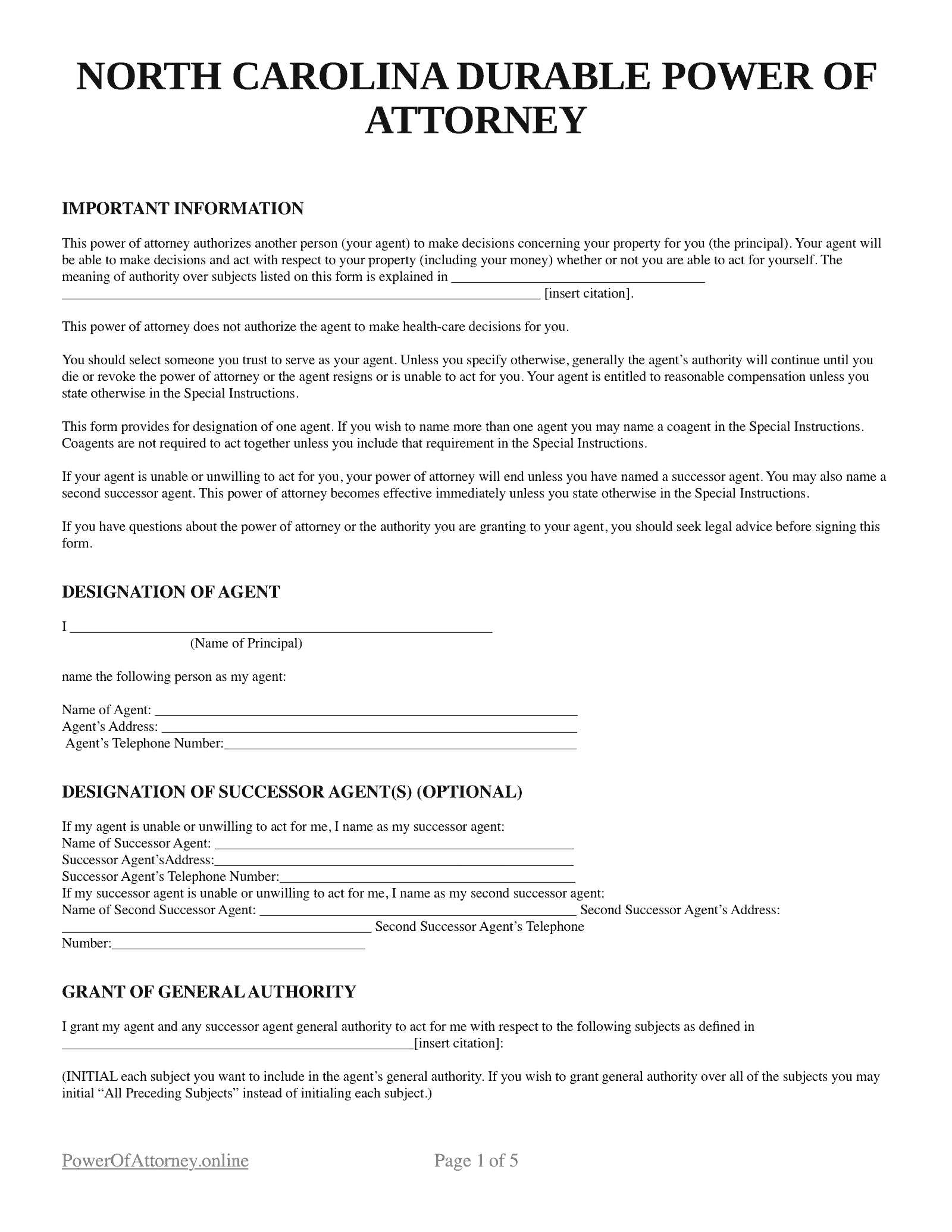 Free North Carolina NC Power Of Attorney Forms Templates PDF