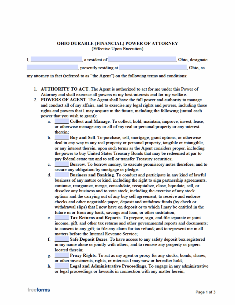 Free Ohio Durable Financial Power Of Attorney Form PDF Word