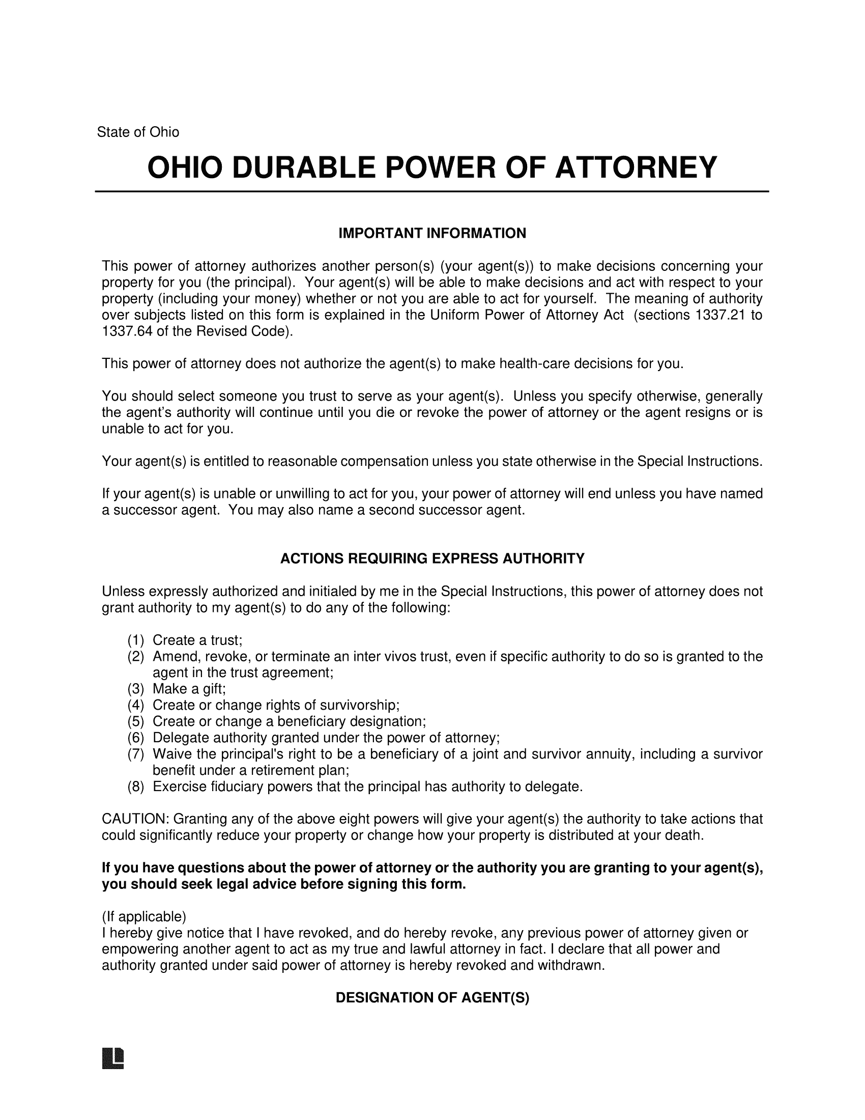 Free Ohio Durable Statutory Power Of Attorney Form PDF Word Free Ohio Durable Statutory Power Of Attorney Form PDF Word