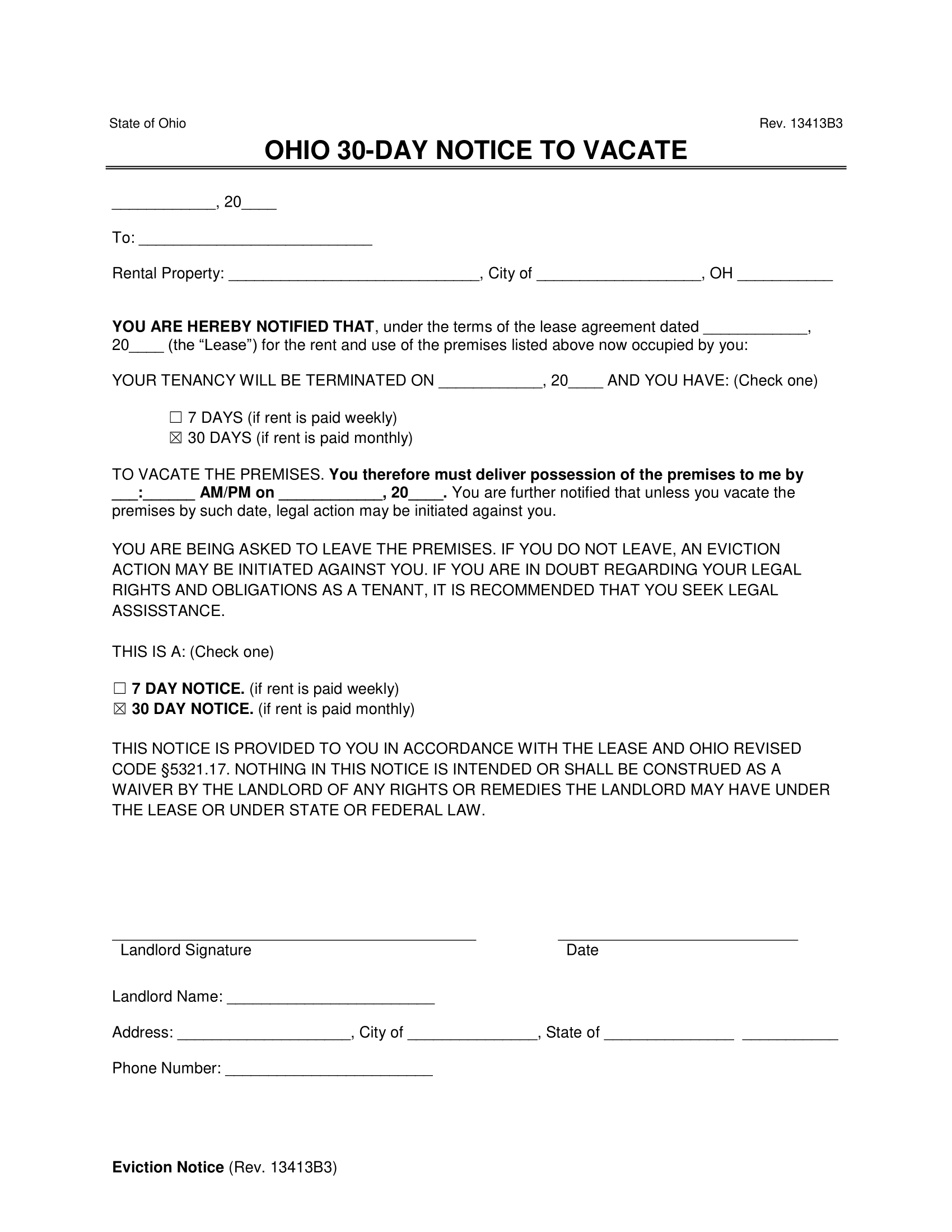 Free Ohio Lease Termination Letter Form 30 Day Notice