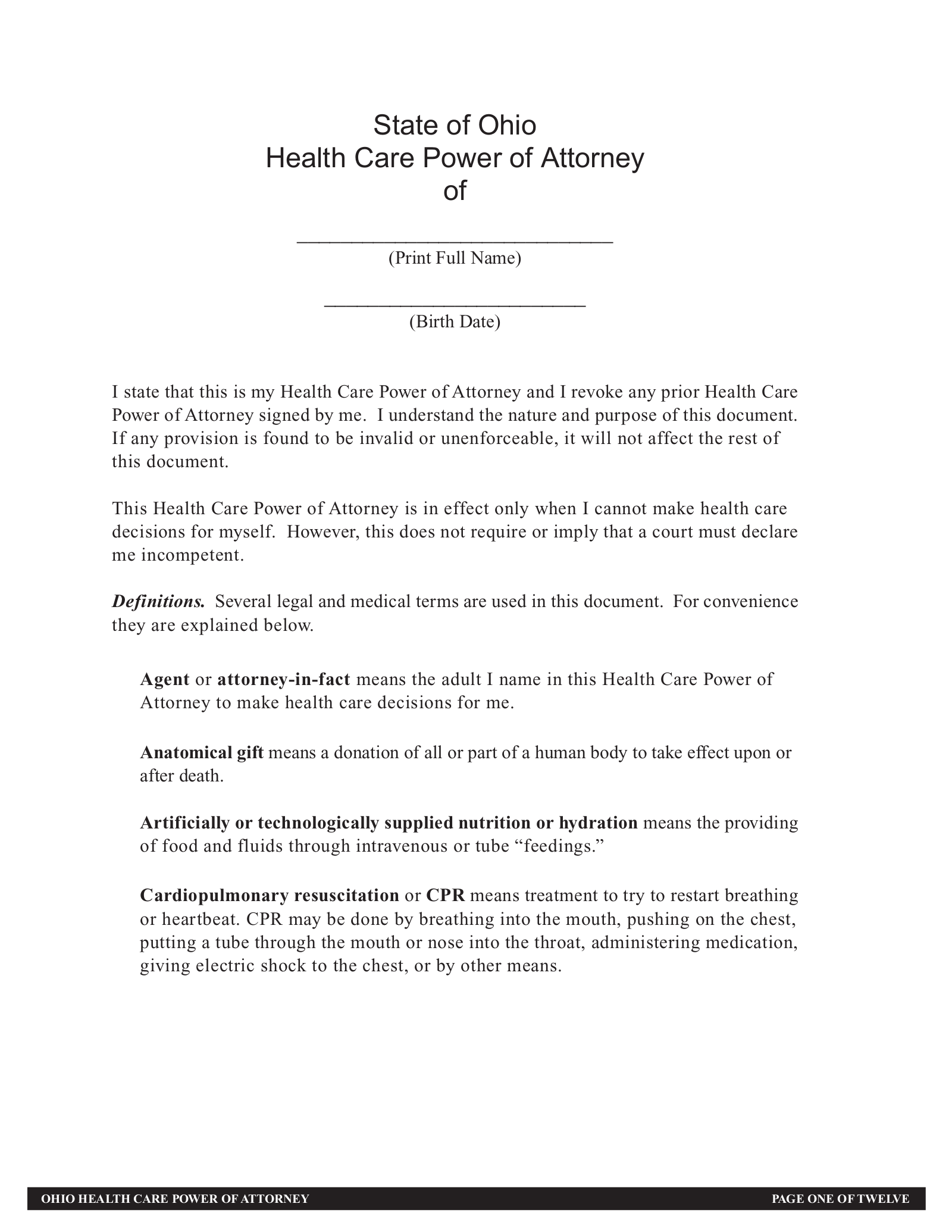 Free Ohio Medical Power Of Attorney Form PDF Word EForms