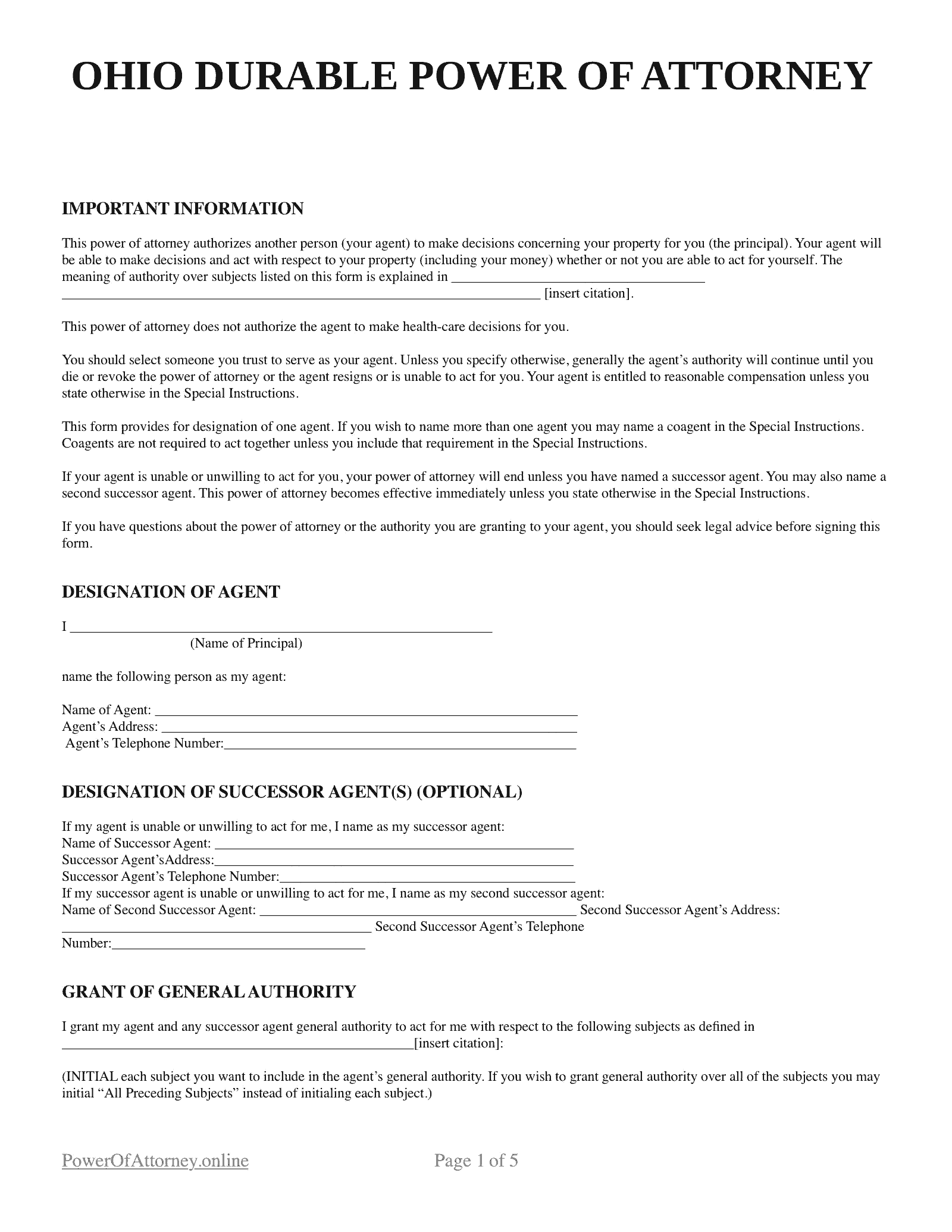 Free Ohio OH Power Of Attorney Forms Templates PDF Free Ohio OH Power Of Attorney Forms Templates PDF