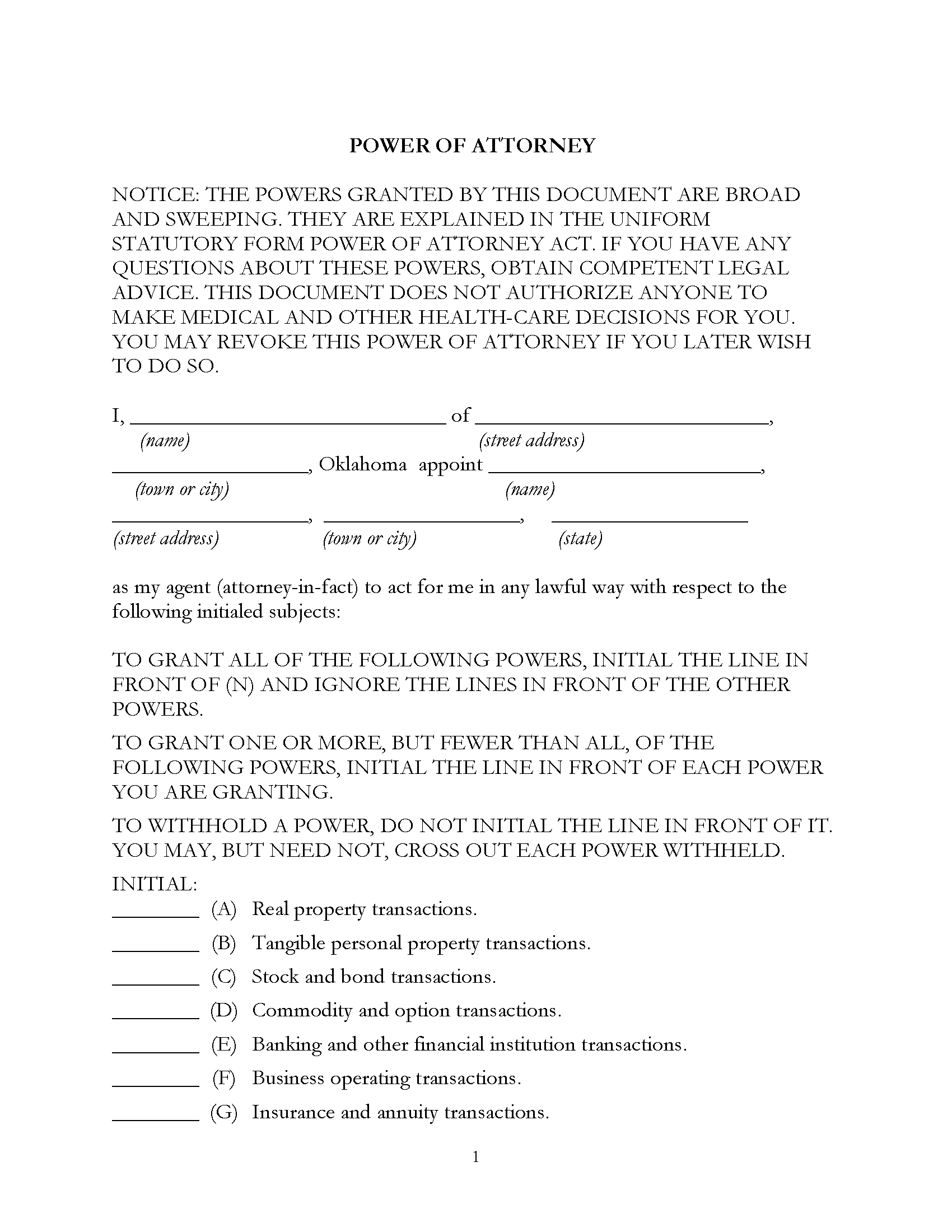 Free Oklahoma Power Of Attorney Forms 8 PDF