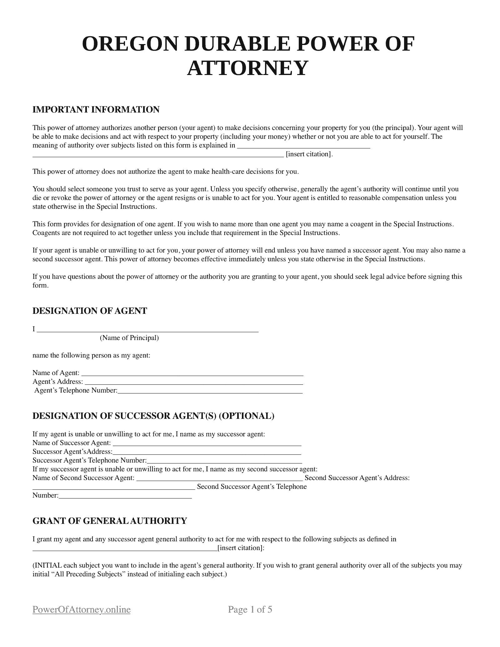 Free Oregon OR Power Of Attorney Forms Templates PDF