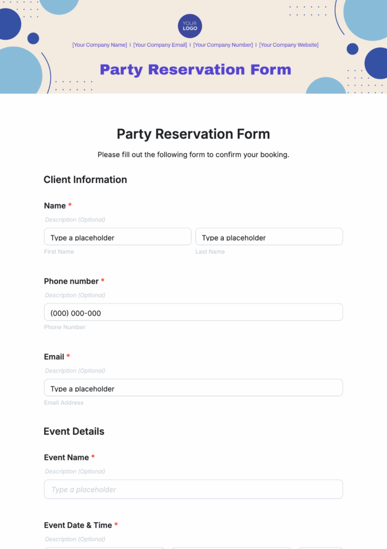 Free Party Reservation Form Template To Edit Online