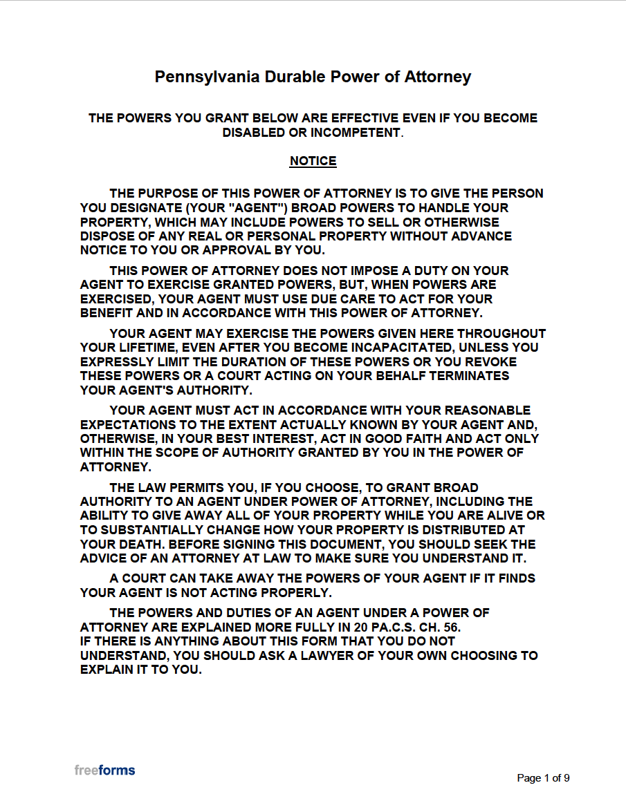 Free Pennsylvania Durable Financial Power Of Attorney Form PDF Word Free Pennsylvania Durable Financial Power Of Attorney Form PDF Word