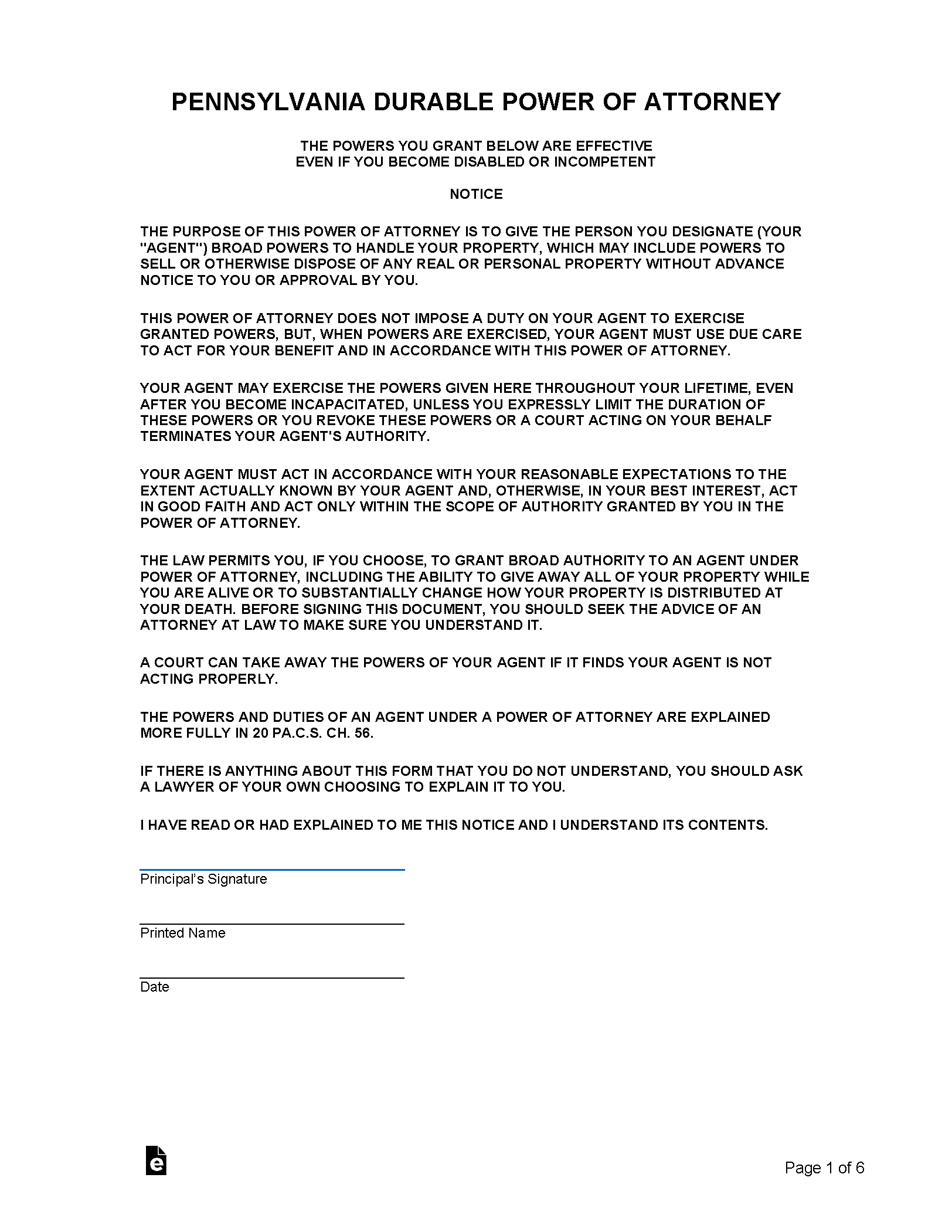 Free Pennsylvania Durable Financial Power Of Attorney Form PDF