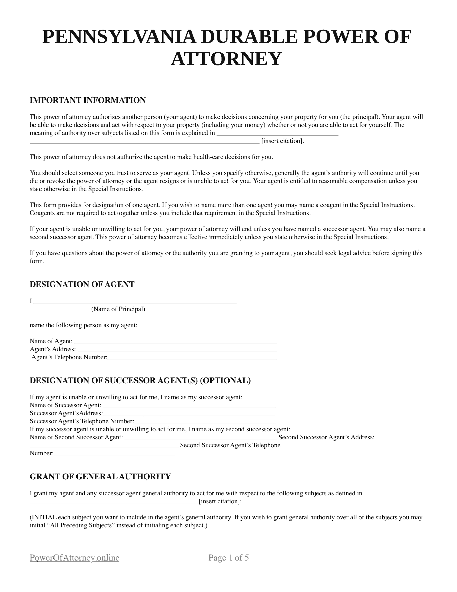 Free Pennsylvania PA Durable Power Of Attorney Forms Templates PDF