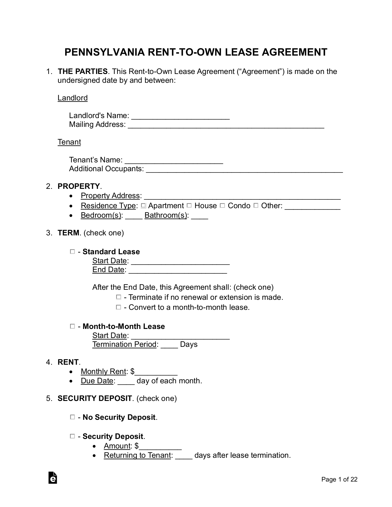 Free Pennsylvania Rent to Own Lease Agreement PDF Word EForms