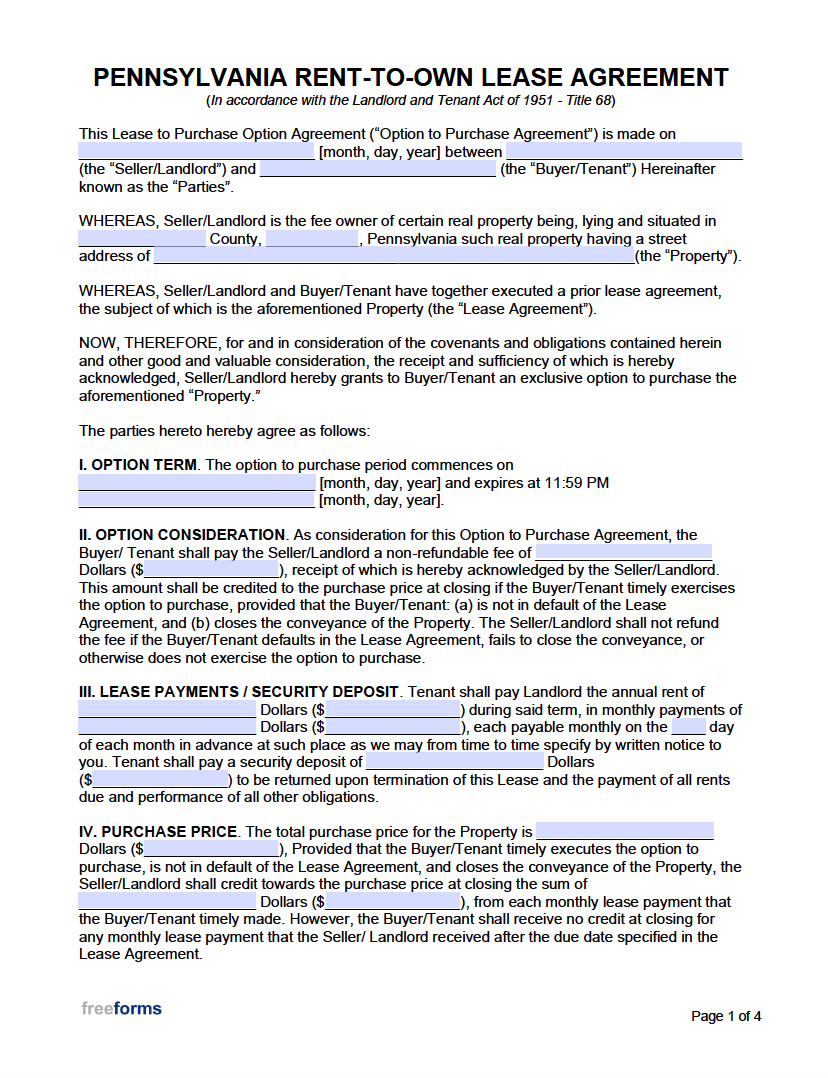 Free Pennsylvania Rent To Own Lease Agreement Template PDF Word