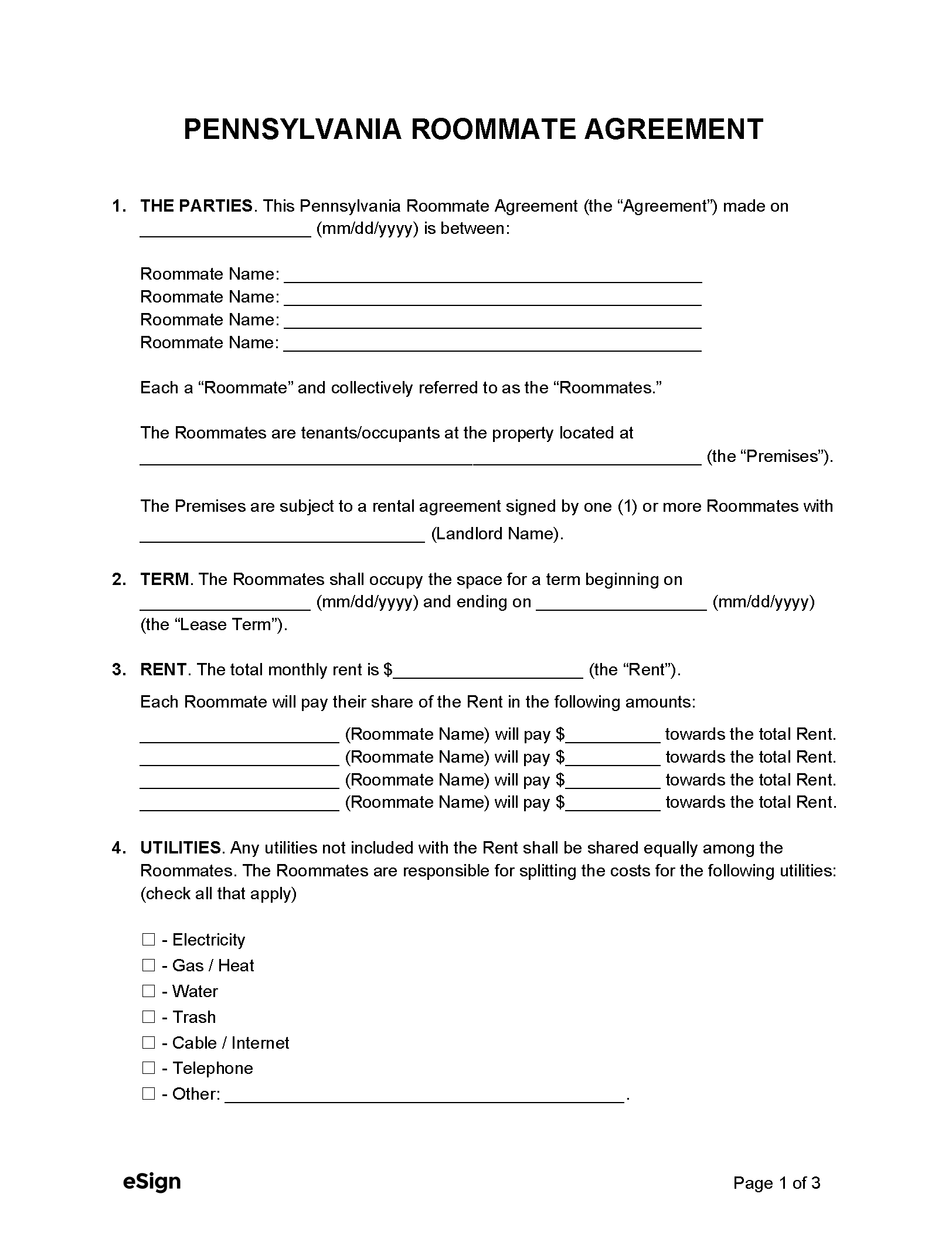 Free Pennsylvania Roommate Agreement Template PDF Word