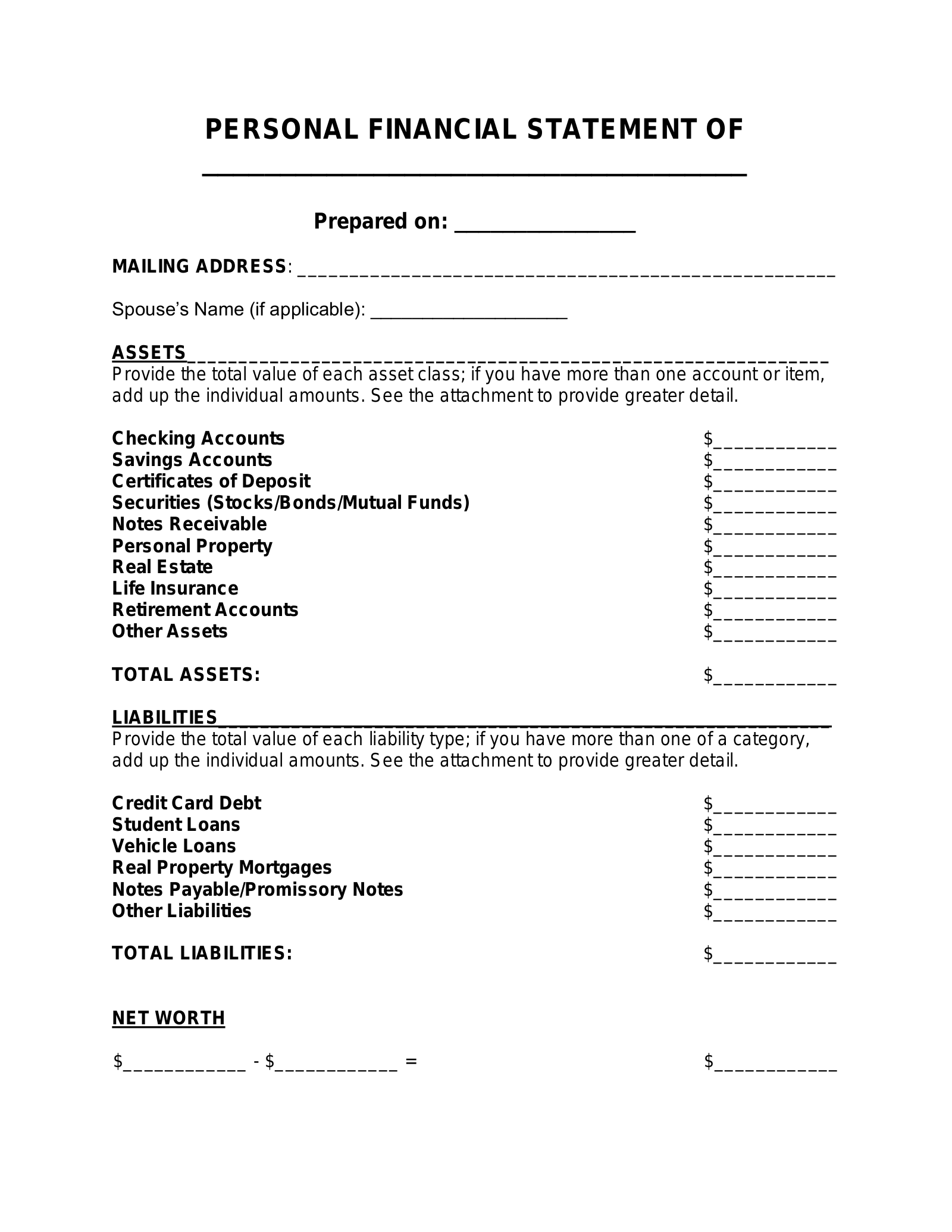 Free Personal Financial Statement Template PDF Word EForms Free Personal Financial Statement Template PDF Word EForms
