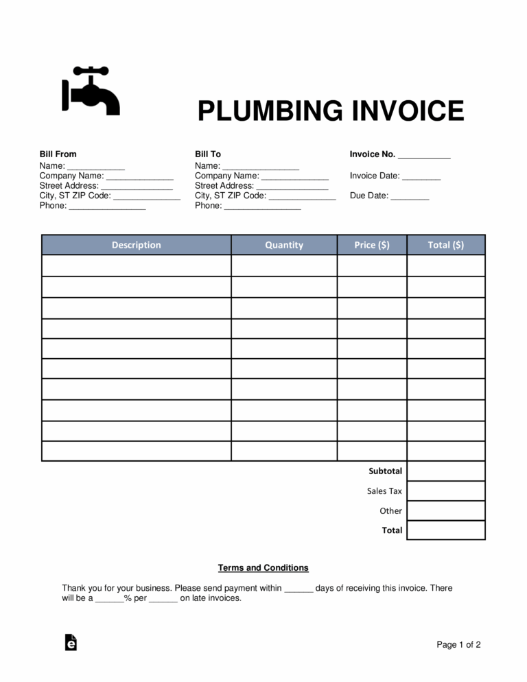Free Plumbing Invoice Template PDF Word EForms