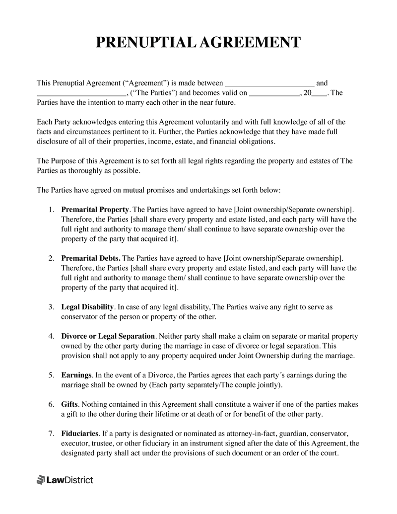Free Prenuptial Agreement Template PDF Sample LawDistrict
