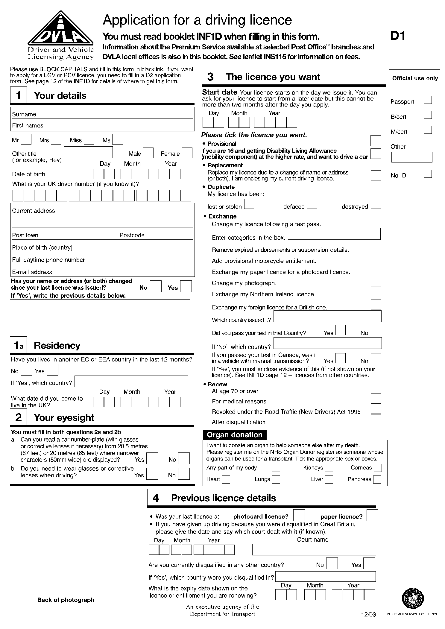 Free Printable DVLA D1 Form Driving Licence Application PDF 