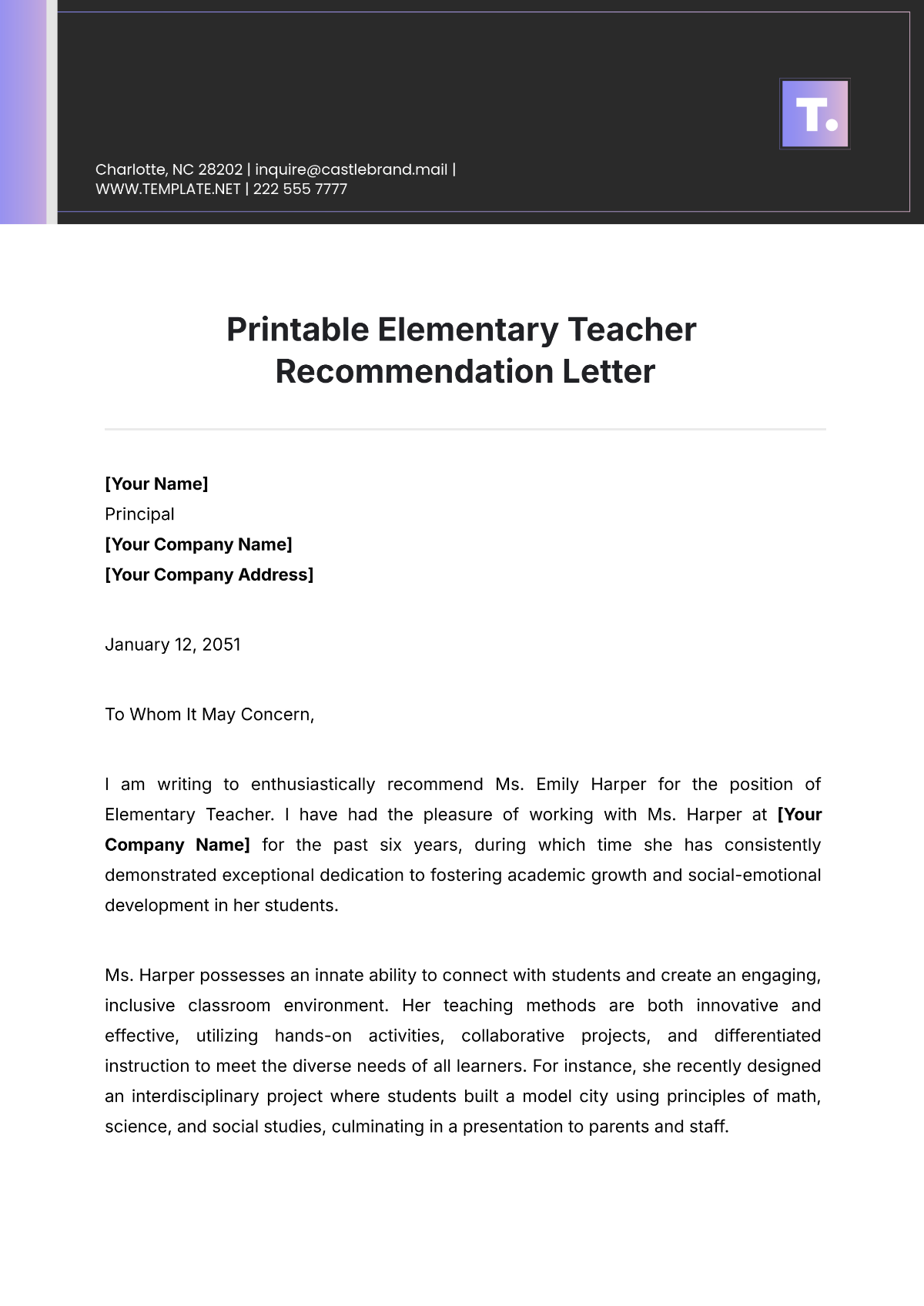Free Printable Elementary Teacher Recommendation Letter Template To Edit Online