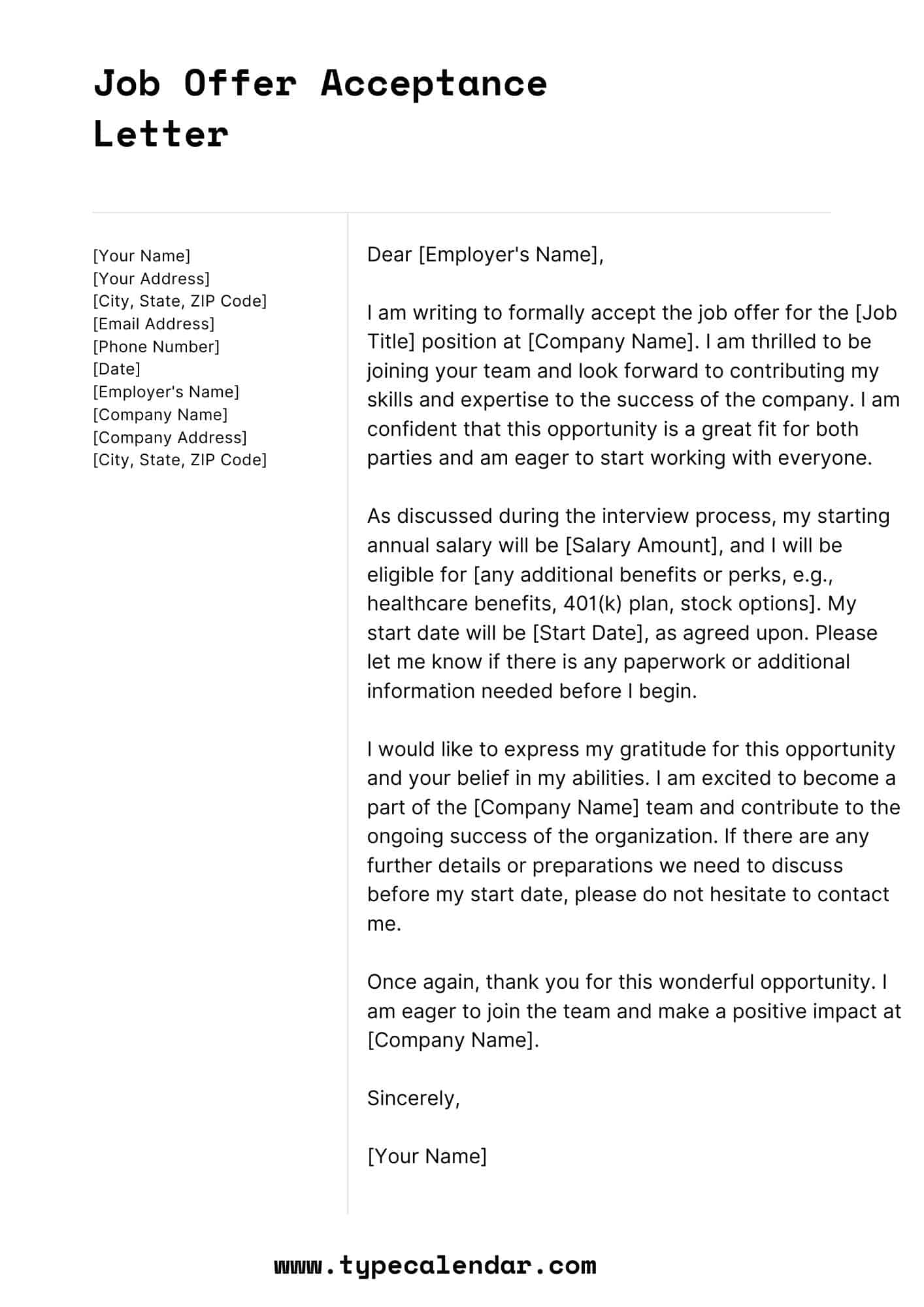 Free Printable Job Offer Acceptance Letter Templates PDF Sample