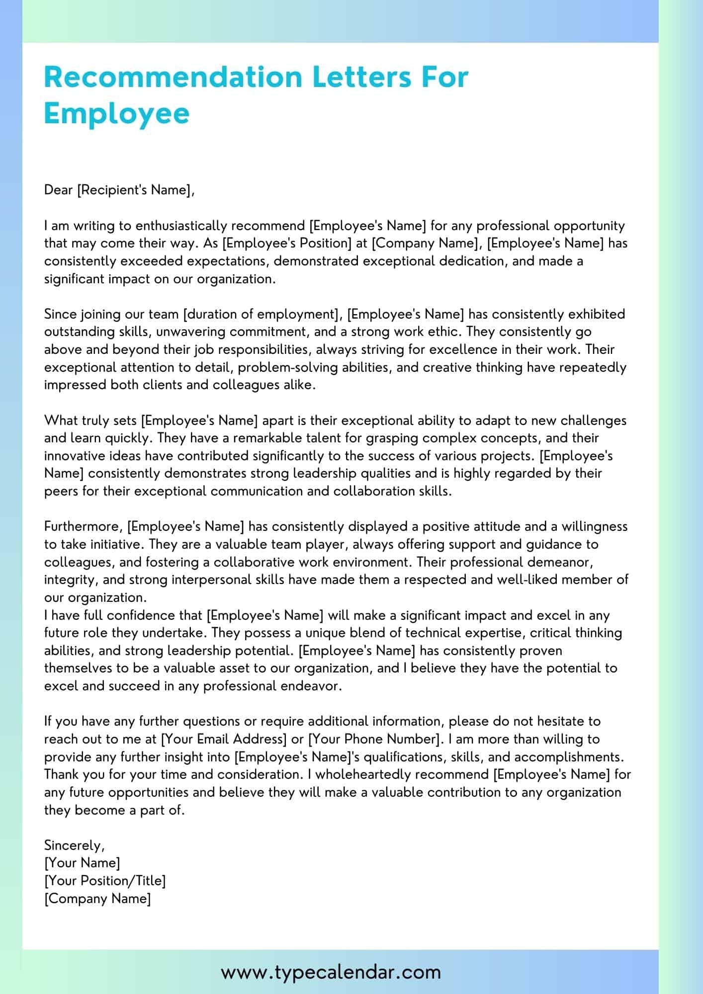 Free Printable Recommendation Letters For Employee From Manager Templates PDF 