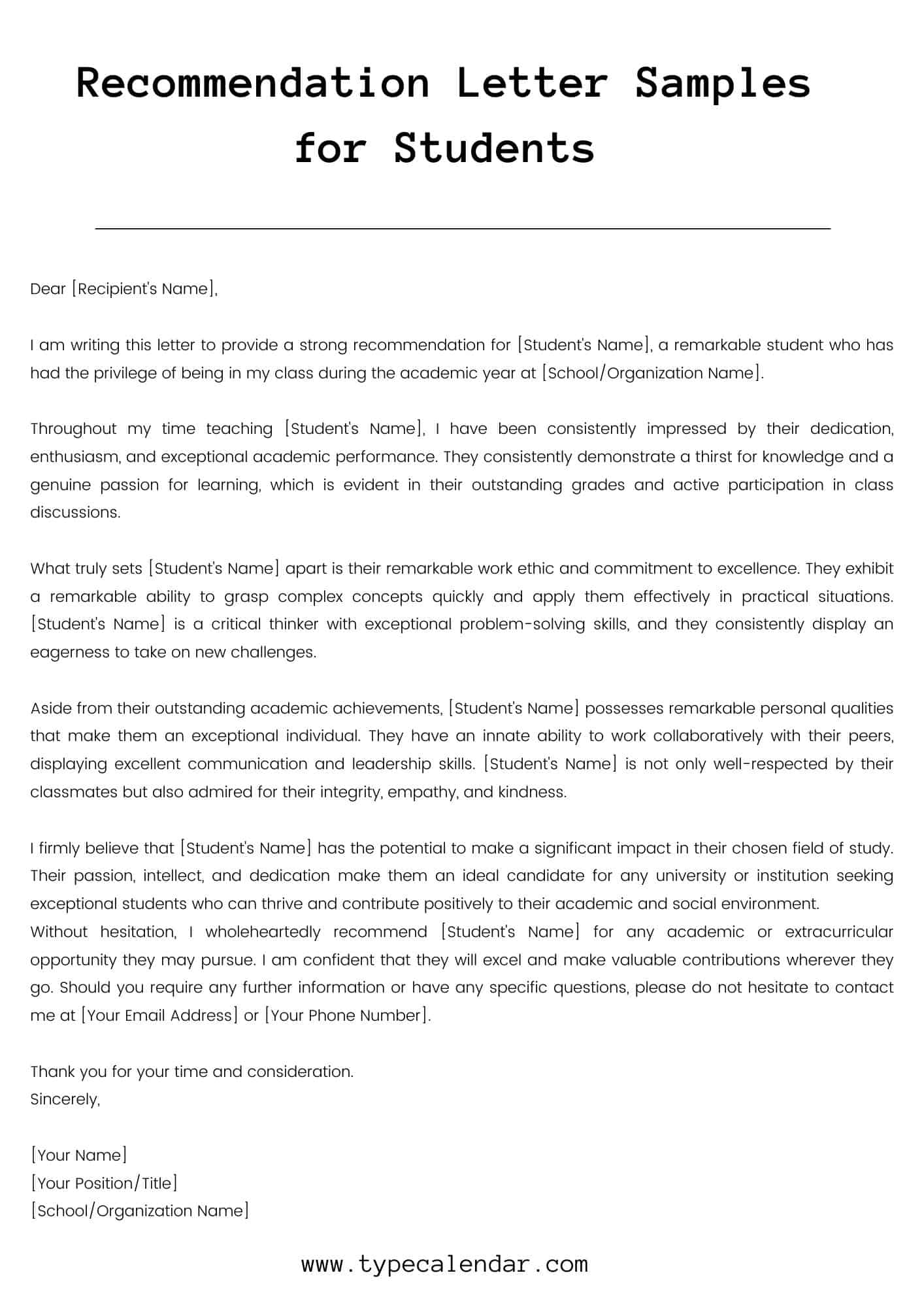 Free Printable Recommendation Letters For Student From Teacher Templates PDF 