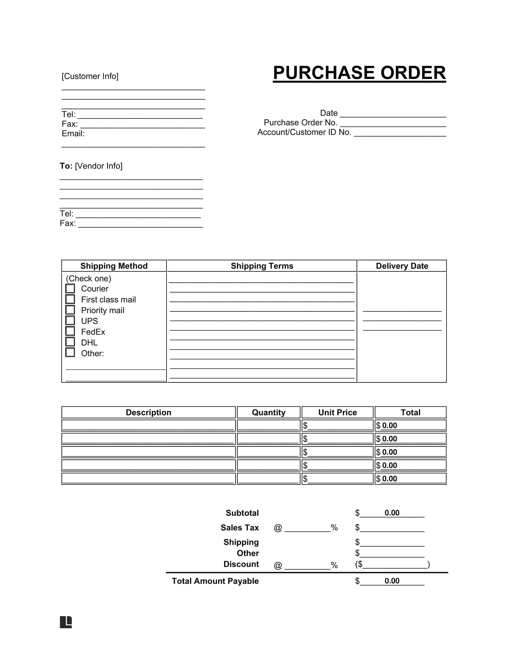 Free Purchase Order PO Template Printable PDF Word