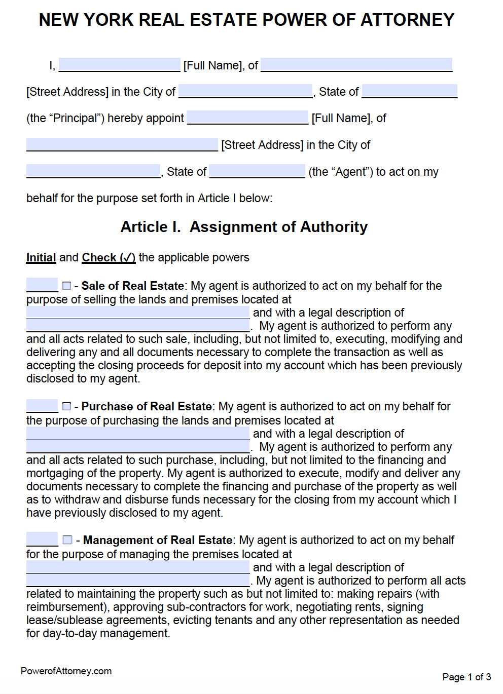 Free Real Estate Power Of Attorney Form New York