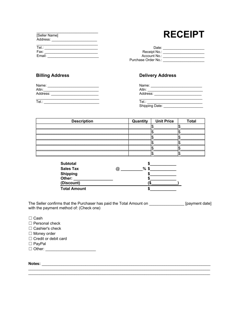 Free Receipt Template Printable PDF