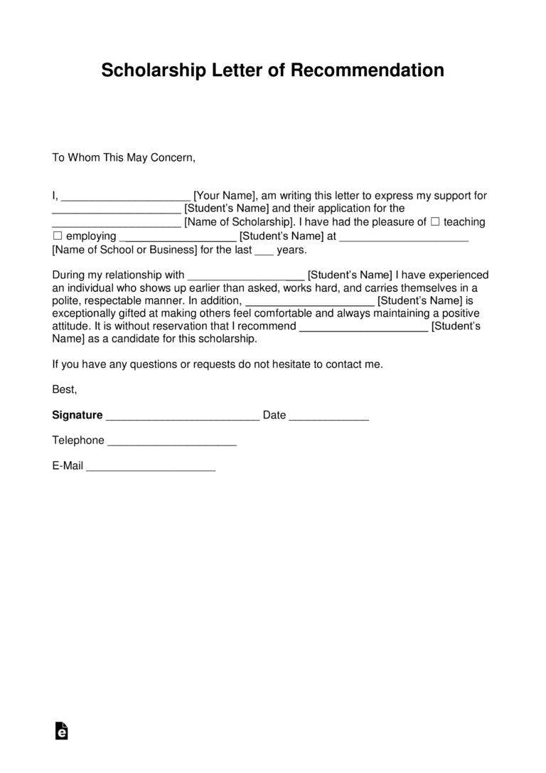 Free Recommendation Letter For Scholarship Template With Samples PDF Word EForms