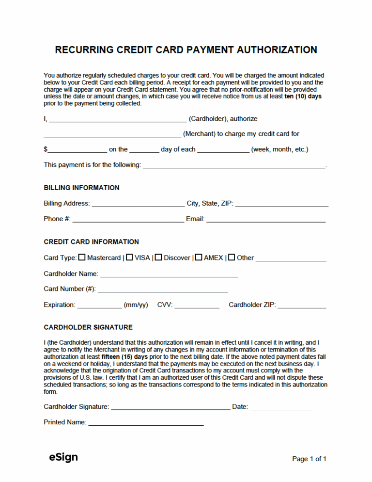 Free Recurring Credit Card Payment Authorization Form PDF Word
